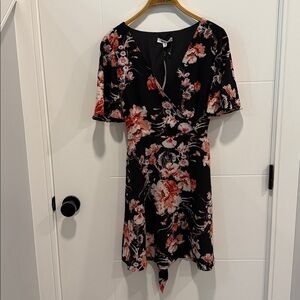 BB Dakota Black Midi Wrap Dress with Pink Floral Print size 6 NWT